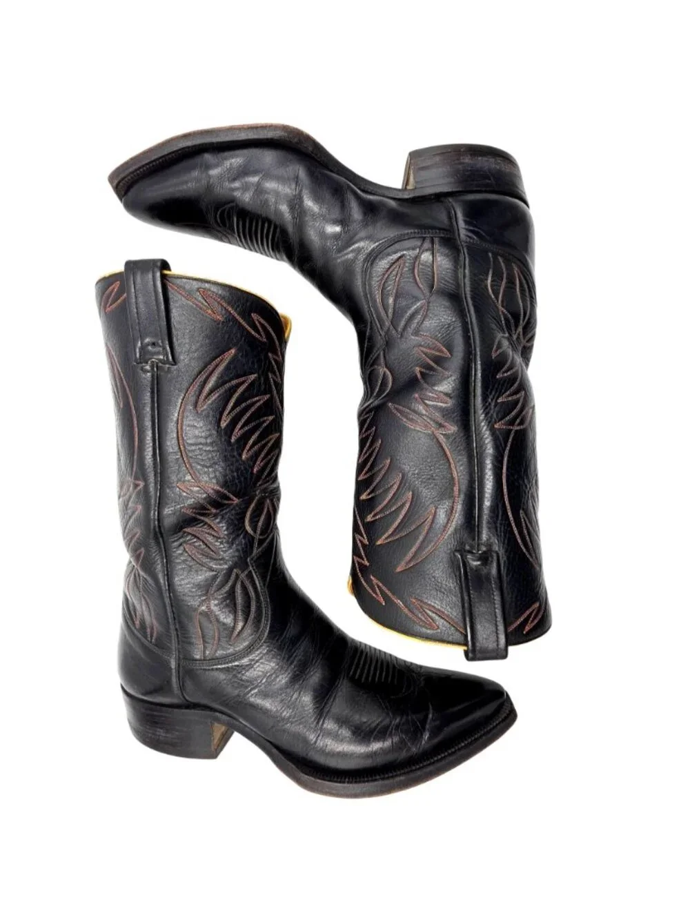 1950s? Vintage Justin Boots Black Leather Mens 10.5D Snip-toe Cowboy Western USA - Picture 5 of 16